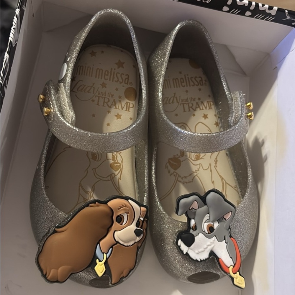 Mini Melissa Silver Kids Dress Shoes with Lady and the Tramp Design